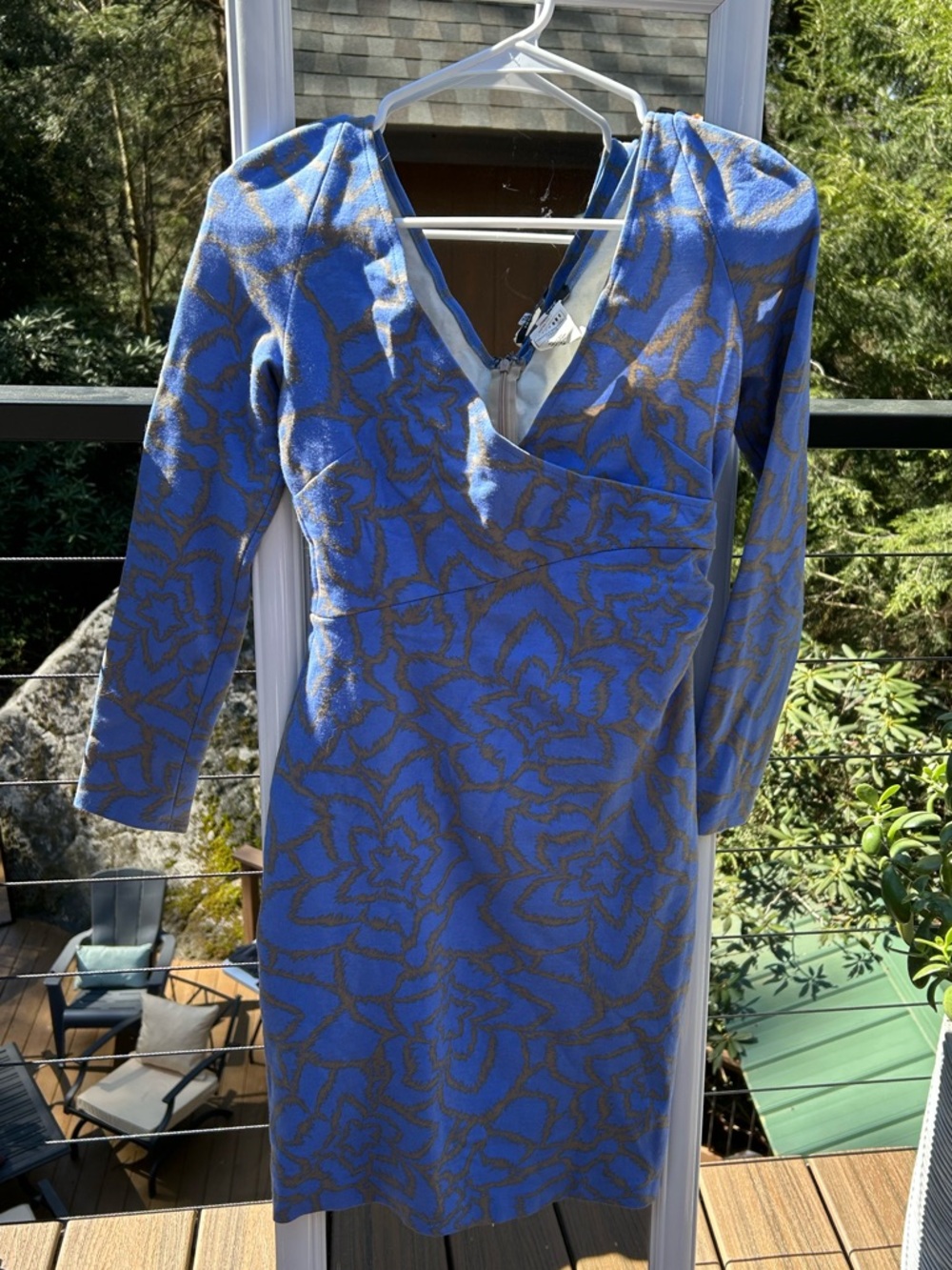 Versace Blue and Grey Floral Long Sleeve V-Neck Dress